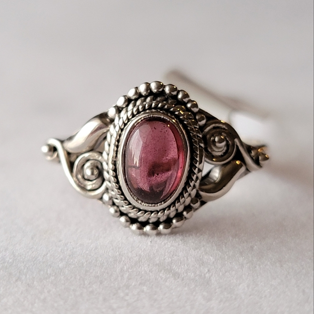 Garnet Sterling Silver Dahlia Ring Oval Cabochon Cocktail Ring Filigree